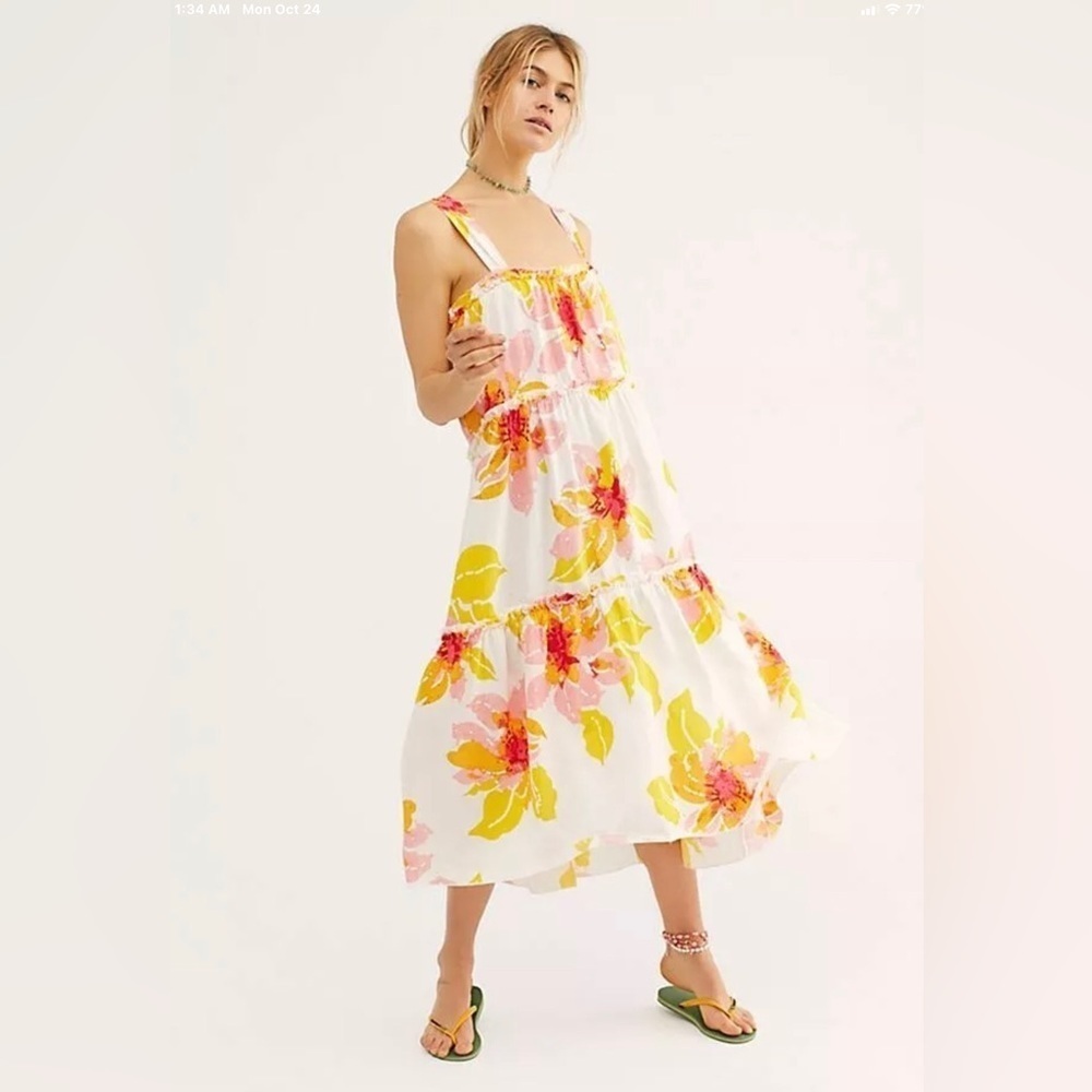 FREE PEOPLE MOONSHINE FLORAL TIERED RAW‎ EDGE MIDI​​​​​